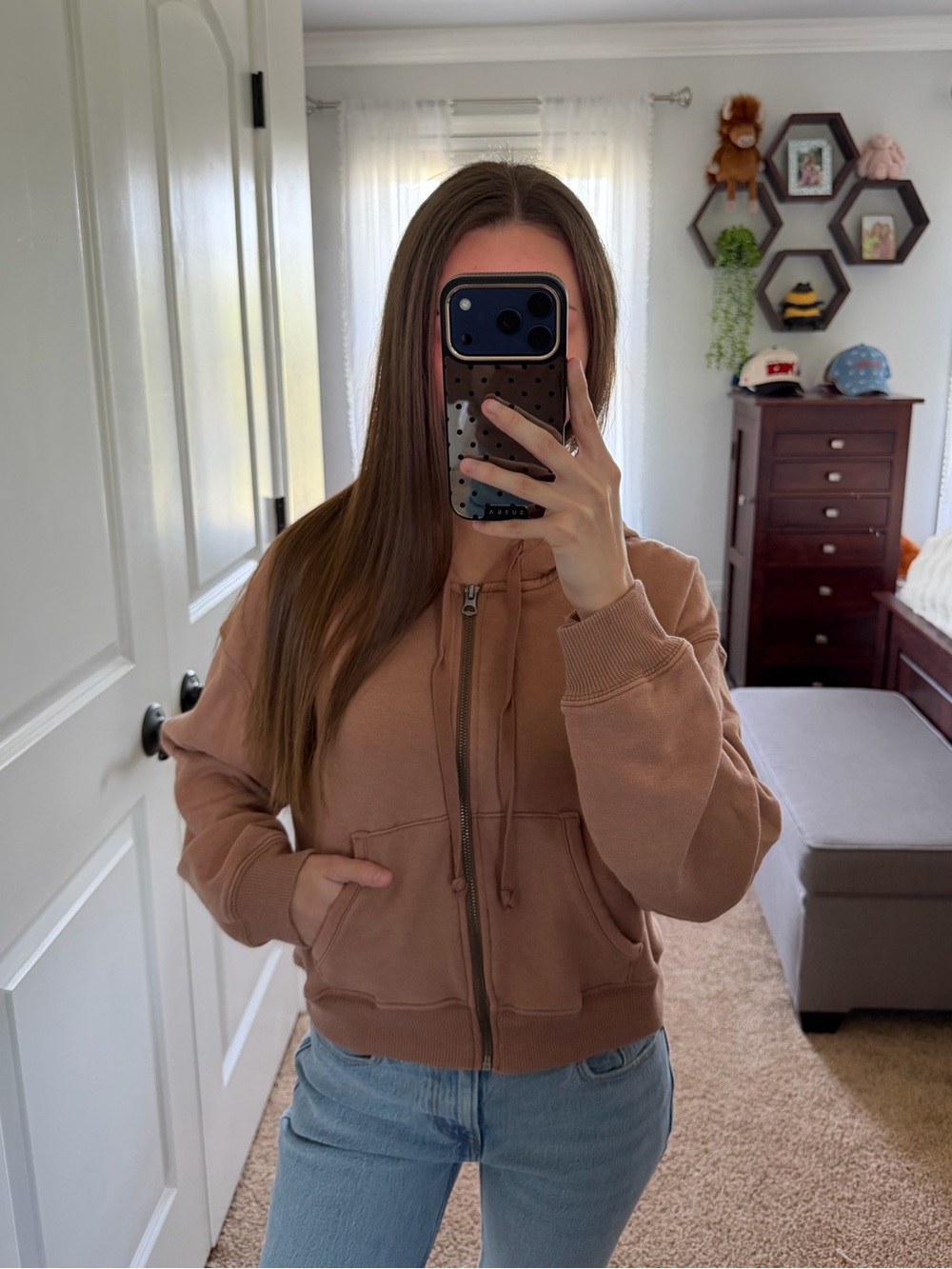 American Eagle Tan Cropped Zip-Up Hoodie